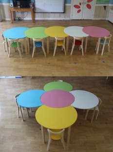 学生辅导班桌椅儿童画室美术绘本馆月亮桌创意书桌实木幼儿园桌椅