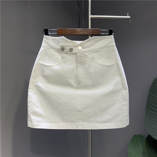 不规则白色水洗棉弹牛仔短裙2024年夏季 新款 A字包臀裙潮 弹力修身