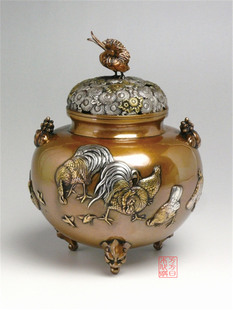 金鸡鸟 日本代购 名家津雪作 檀香 高冈铜器 收藏工艺摆件品 香炉
