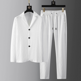 时尚 薄款 春夏季 男士 休闲两件套帅气 男装 套装 白色痞帅长袖 高端西装