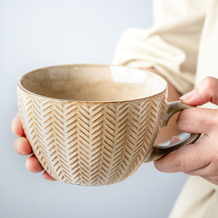 潮流马克杯复古杯子咖啡杯家用水杯 悠瓷创意浮雕陶瓷杯燕麦杯个性