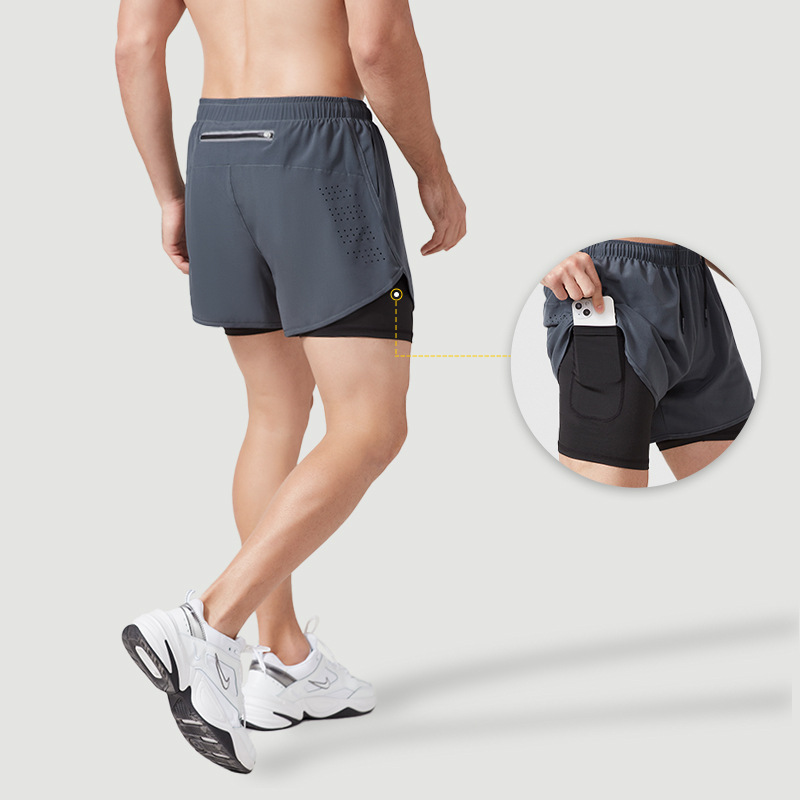 假两件双层运动短裤 夏季 健身短裤 男 速干透气防走光跑步训练三分裤