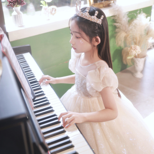 儿童主持人女孩主持人钢琴演出服公主裙蓬蓬纱花童洋气婚纱礼服春