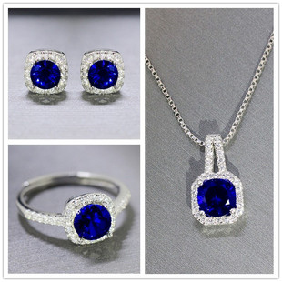 方包满钻款 坦桑石蓝宝石首饰套装 1克拉度铂金戒指项链 三件套女款