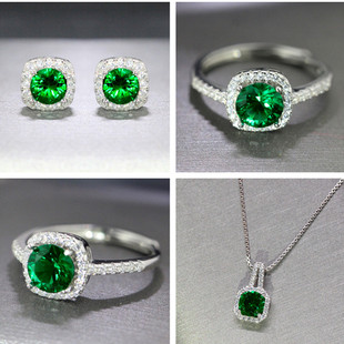彩宝石戒指项链耳钉女饰品三件套银度铂金 祖母绿首饰套装 方包钻款