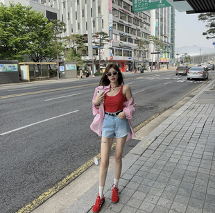 Miss家韩国chic春季 新款 小众设计感后面开叉系带宽松长袖 粉色衬衫