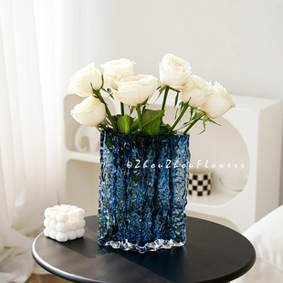 花瓶摆件客厅插花玻璃高级感透明水养网红冰川纹水培鲜花玫瑰餐桌