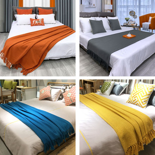 饰毯黄色轻奢橙色流苏搭毯搭巾盖毯素色沙发巾床尾毯床旗 床尾巾装