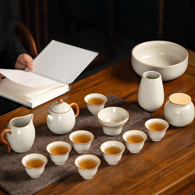 高档办公室客厅陶瓷泡茶壶盖碗 家用整套中式 米黄汝窑功夫茶具套装