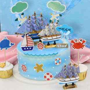 创意海洋沙滩主题美人鱼摆件蛋糕插旗帆船 饰帆船摆件 生日蛋糕装