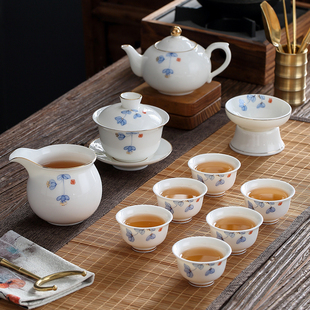描金公道杯 家用盖碗简约白瓷泡茶壶中式 羊脂玉功夫茶具茶杯套装