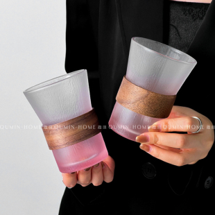 创意岩纹磨砂玻璃杯少女粉防烫挂耳咖啡杯个人高颜值水杯子 趣皿