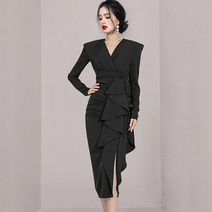 秋季 新品 不规则设计感黑色连衣裙高级宴会主持人晚礼服女气质长袖