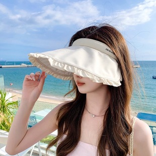 日系花边大檐遮阳空顶帽防晒帽子女棉麻旅游度假海边沙滩太阳帽子
