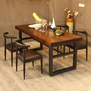 复古实木餐桌长方形酒吧铁艺桌椅商用食堂饭店餐厅桌椅网红咖啡桌