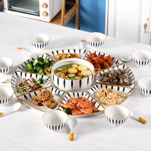 家用创意陶瓷盘子菜盘团圆过年聚会火锅拼盘陶瓷餐具套装 碗碟套装