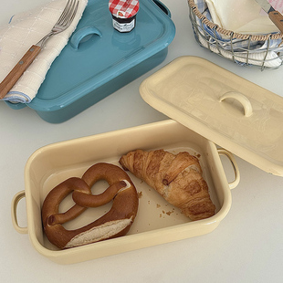 老麦 自制 搪瓷复古面包盒烤盘带盖零食饼干盒收纳盒 ins韩式