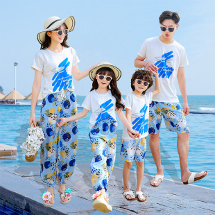 海边度假亲子装 洋气母女宝宝防蚊裤 沙滩T恤套装 一家三口蓝色短袖