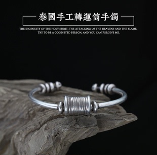 复古泰银手镯男女原创设计开口可转动泰国清迈藏银情侣手环