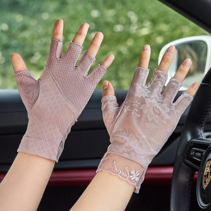 2024夏季 新品 女士开车防紫外线露指透气 防晒半指手套冰丝蕾丝薄款