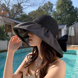 日本防晒帽子女夏季 彩胶防紫外线空顶遮阳帽日系大檐扎马尾遮