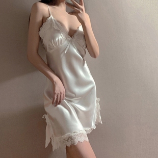 纯欲风小胸冰丝睡裙女2023年夏季 新薄款 高级吊带白色睡衣蕾丝 法式