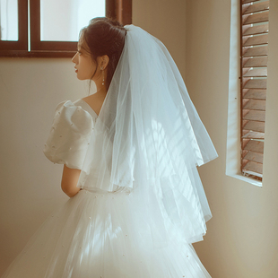 头纱新娘主婚纱白色蓬蓬纱硬纱领证登记结婚求婚拍照道具头饰法式
