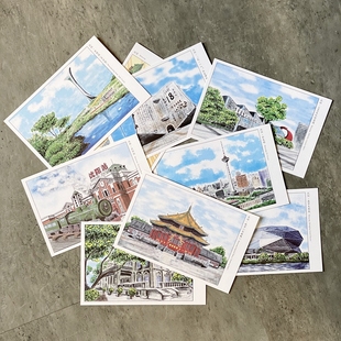 盛京城市风景建筑卡片特色旅游纪念品 客原创手绘沈阳明信片 微码