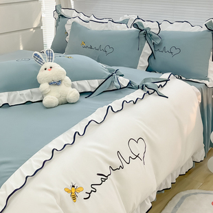 韩式 床上四件套公主风水洗棉床裙款 宿舍三件套床单被套4 床品夏季