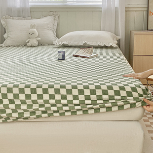 棋盘格床笠单件牛奶珊瑚绒床垫保护罩床罩全包固定防滑床单三件套