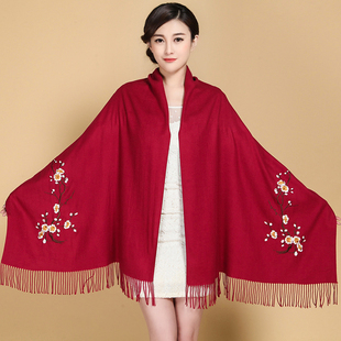 披肩外搭长两用百搭 大红色围巾女刺绣围巾仿羊绒中国红围巾秋冬季