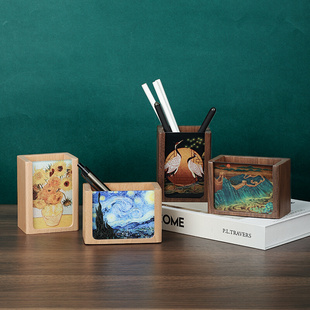 定制照片摆件 可爱学生桌面收纳盒高颜值设计个性 实木笔筒创意时尚
