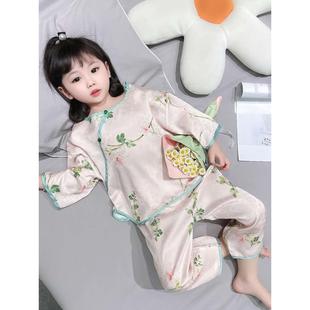 女童棉绸睡衣薄款 小孩儿童中小绵绸空调家居服中国风套装 短袖 夏季
