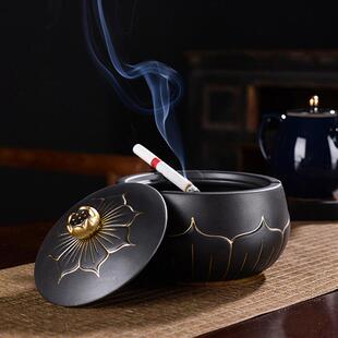 潮流办公家用酒店大号黑色烟缸新款 烟灰缸陶瓷创意带盖防风灰个性
