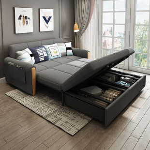 极简约多功能可折叠储物科技布沙发床小户型客厅双人坐卧两用 日式