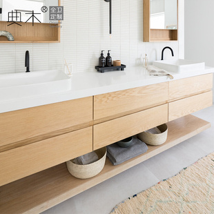 洗手台洗手盆柜组合定制 网红现代轻奢岩板双盆浴室柜镜柜实木日式