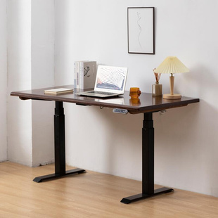可调节书桌 黑胡桃木电动升降桌子家用办公电脑桌实木桌站立式