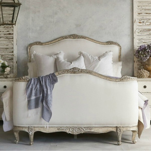 布艺软包床1.8米卧室双人床橡木婚床 复古做旧实木雕花床法式 美式