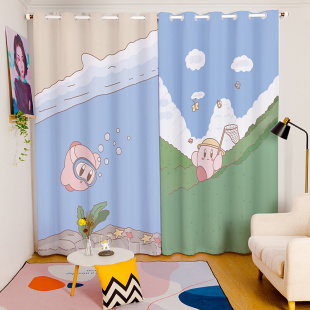 儿童房落地窗可爱短帘卧室全遮光 免打孔安装 之星卡比卡通窗帘新款