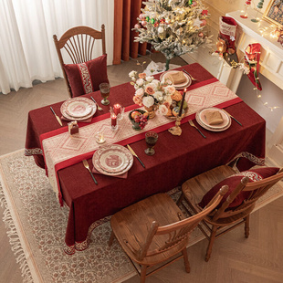 餐桌布茶几盖布电视柜床旗盖 圣诞新年红色桌布喜庆长条桌旗欧式