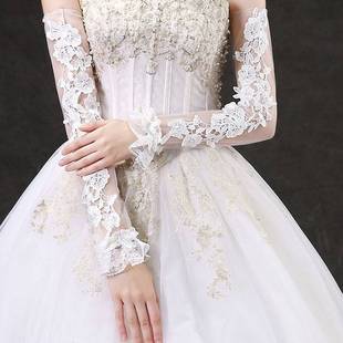 套蝴 缎面蕾丝花边结婚白色手套高级婚礼袖 网红新娘主婚纱手套长版