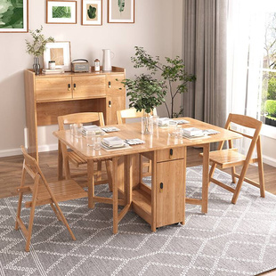 小户型折叠餐桌家用可伸缩实木吃饭桌多功能餐桌椅餐边柜组合 日式