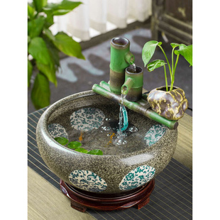 饰 竹子流水摆件陶瓷仿竹鱼缸循环水喷泉加湿器室内造景净水搭配装