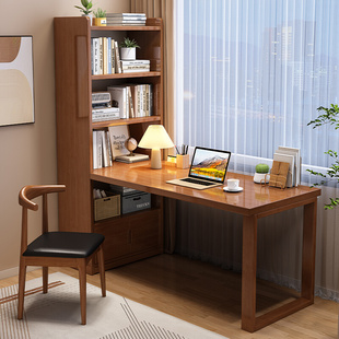 实木转角书桌书架组合一体家用桌办公桌卧室学生写字桌子