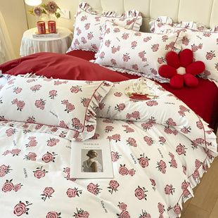 公主风可爱玫瑰花结婚床单四件套大红色被套喜被新婚庆床上用品