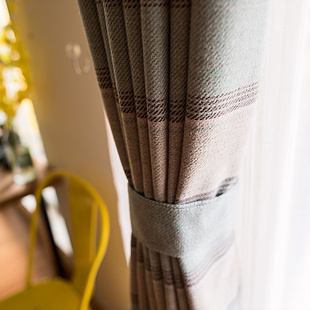 北欧现代简约客厅卧室飘窗浅咖宽条纹呢绒雪尼尔遮光窗帘定制成品