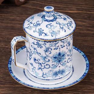 景德镇陶瓷茶杯带盖托盘青花瓷茶水分离大水杯泡茶杯个人专用珐琅
