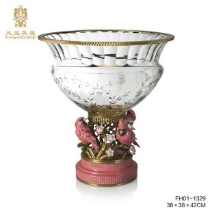 水晶玻璃果盘高脚彩绘铜配瓷圆形敞口工艺品花瓶送礼 凤凰美居欧式