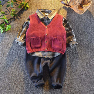 男宝宝秋装 2岁男童长袖 格子衬衣4毛线马甲5婴幼儿三件套潮 套装