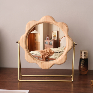 镜子简约复古国风木质梳妆镜便携宿舍桌面镜可旋转 化妆镜欧式 台式